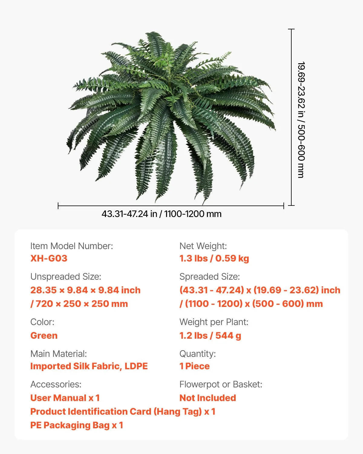VEVOR Artificial Boston Fern Large Plastic Fern 88 Branches Indoor Outdoor Decor