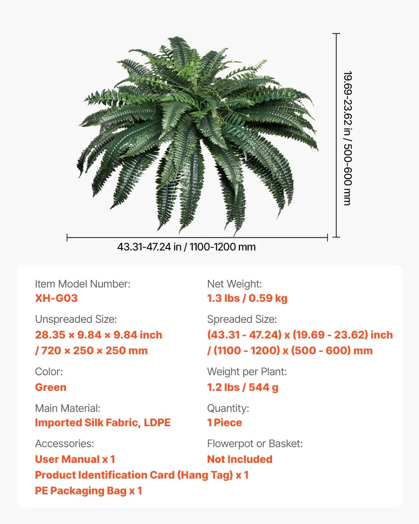 VEVOR Artificial Boston Fern Large Plastic Fern 88 Branches Indoor Outdoor Decor