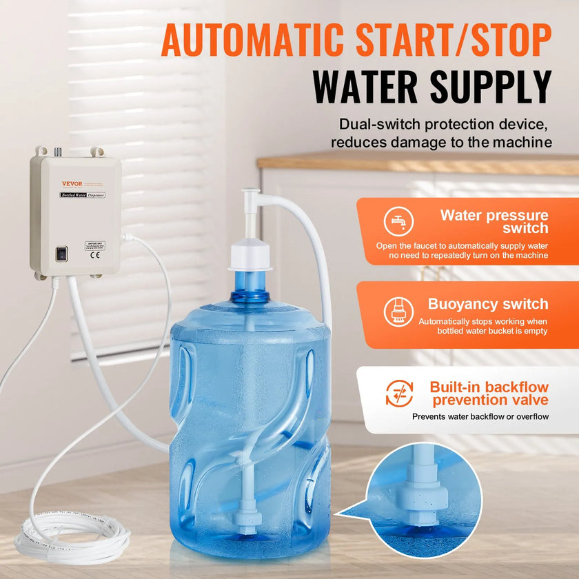 VEVOR Bottled Water Dispenser Pump System, 5 Gallon Dispensing System, Automatic Electric Water Dispenser, Single Inlet Water Jug Pump, Compatible Use with Coffee/Tea Machine, Refrigerator, Ice Maker