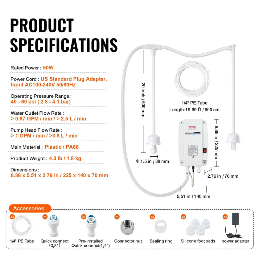 VEVOR Bottled Water Dispenser Pump System, 2x5 Gallon Dispensing System, Automatic Electric Water Dispenser, Double-Pipe Water Jug Pump, Compatible Use with Coffee/Tea Machine, Refrigerator, Ice Maker