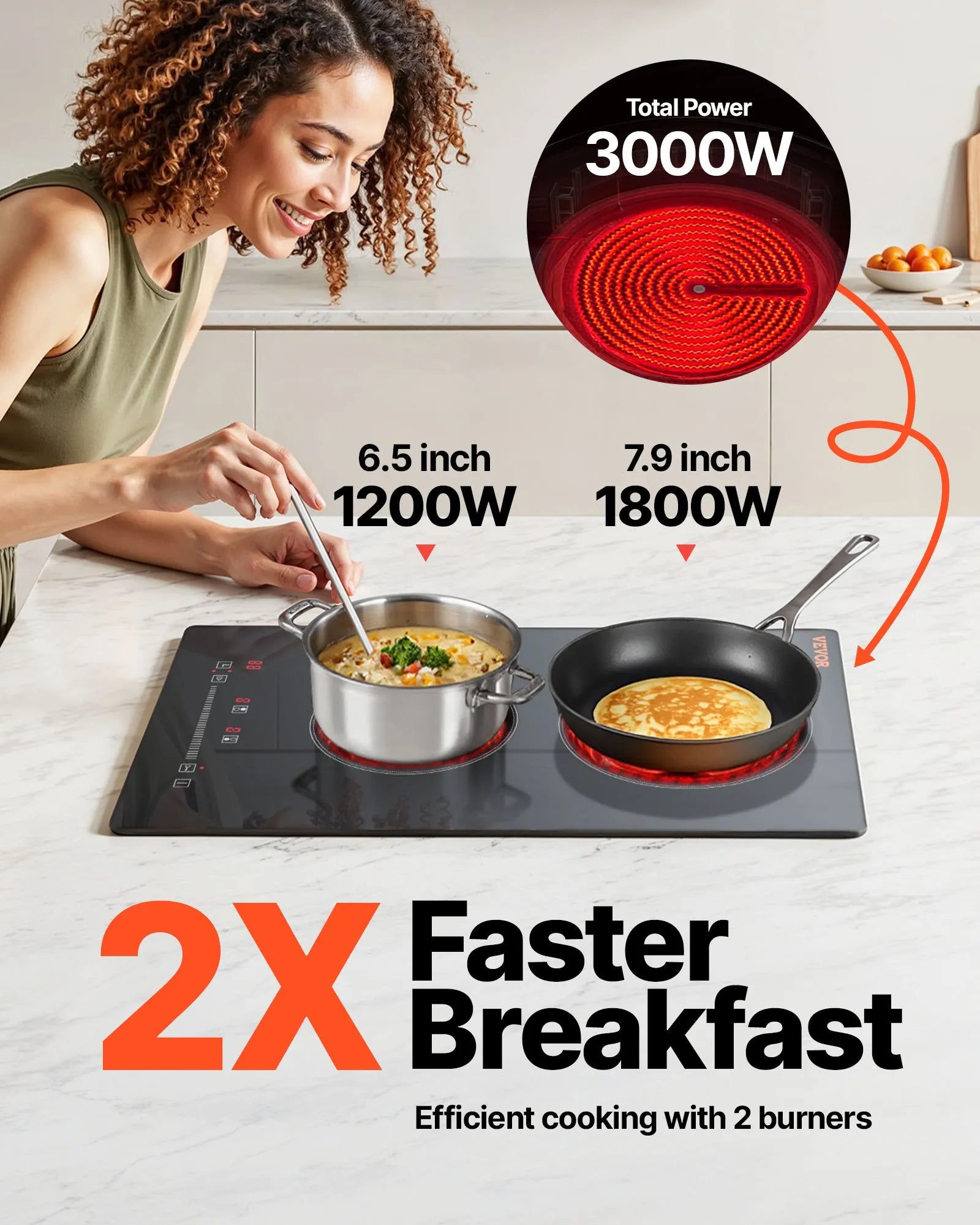 VEVOR Built in Electric Stove Top, 20 x 11.6 inch 2 Burners, 240V Glass Radiant Cooktop with Sensor Touch Control, Timer & Child Lock Included, 9 Power Levels for Simmer Steam Slow Cook Fry