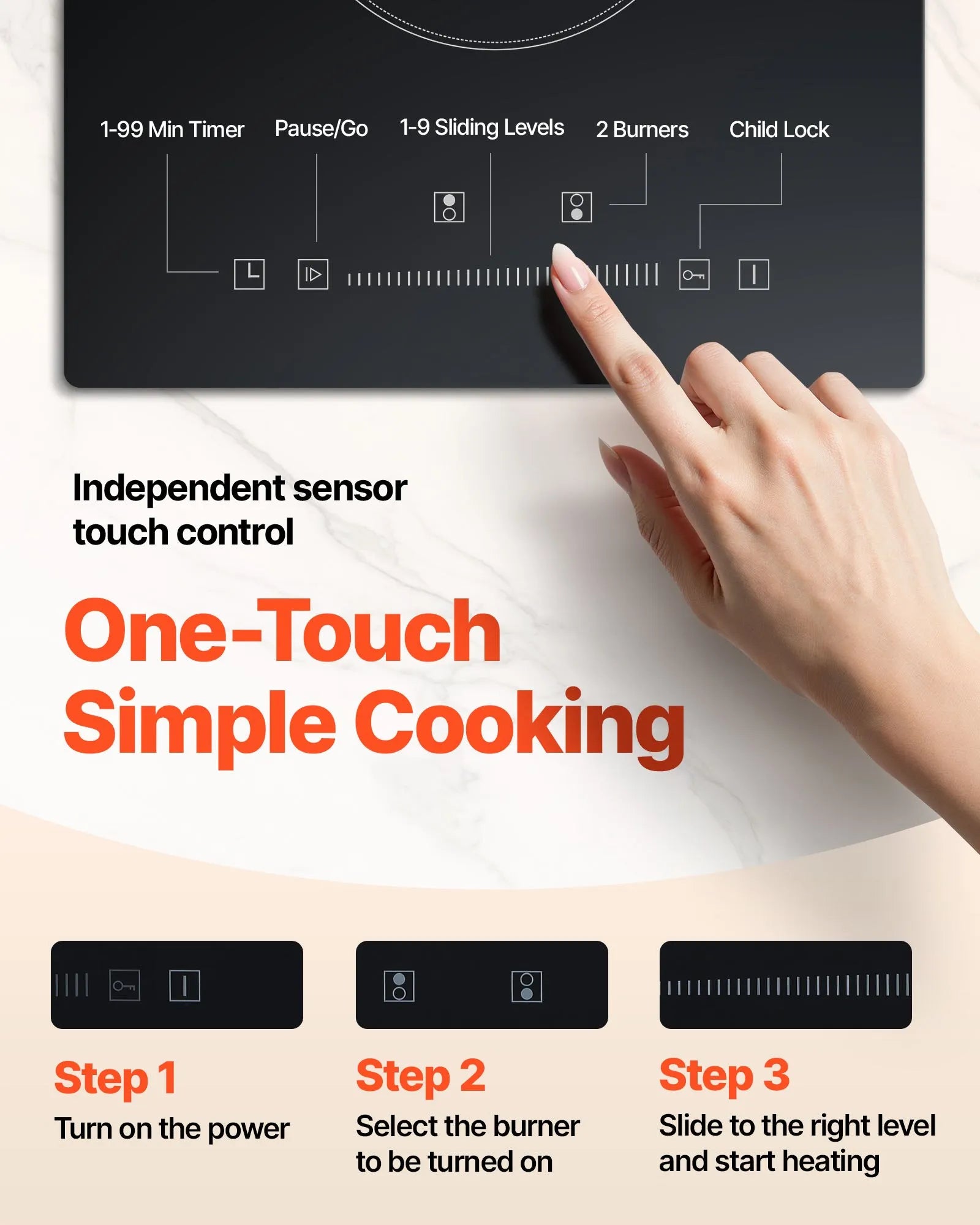 VEVOR Built in Electric Stove Top, 20 x 11.6 inch 2 Burners, 240V Glass Radiant Cooktop with Sensor Touch Control, Timer & Child Lock Included, 9 Power Levels for Simmer Steam Slow Cook Fry