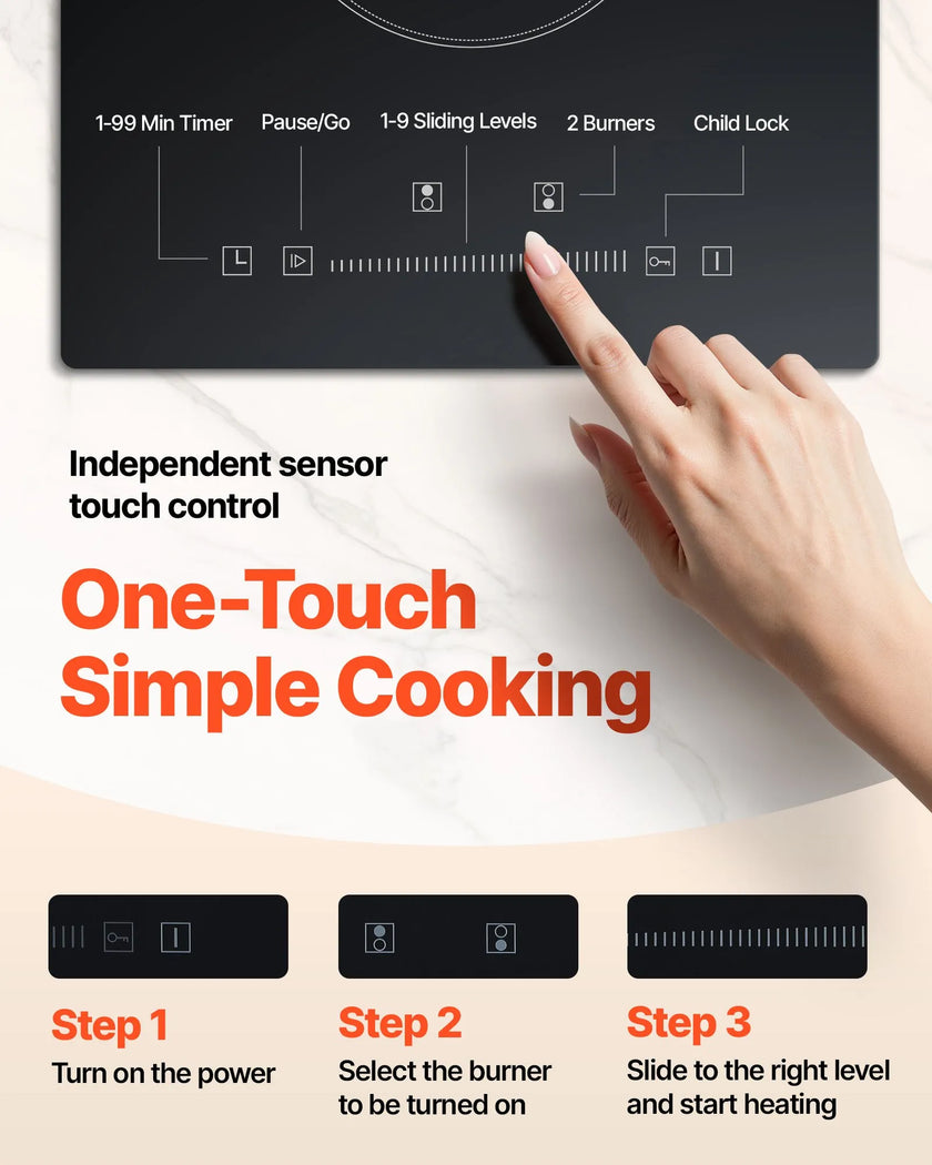VEVOR Built in Electric Stove Top, 20 x 11.6 inch 2 Burners, 240V Glass Radiant Cooktop with Sensor Touch Control, Timer & Child Lock Included, 9 Power Levels for Simmer Steam Slow Cook Fry