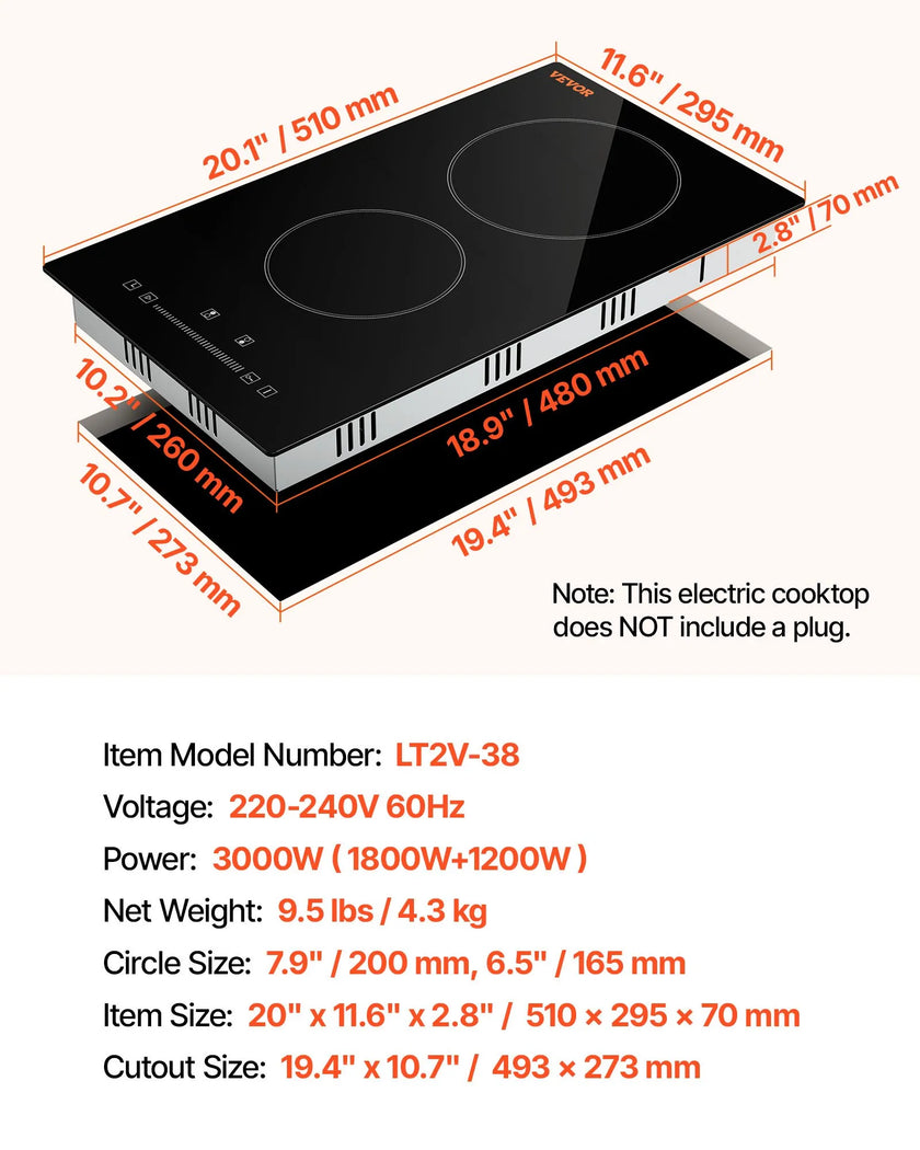 VEVOR Built in Electric Stove Top, 20 x 11.6 inch 2 Burners, 240V Glass Radiant Cooktop with Sensor Touch Control, Timer & Child Lock Included, 9 Power Levels for Simmer Steam Slow Cook Fry