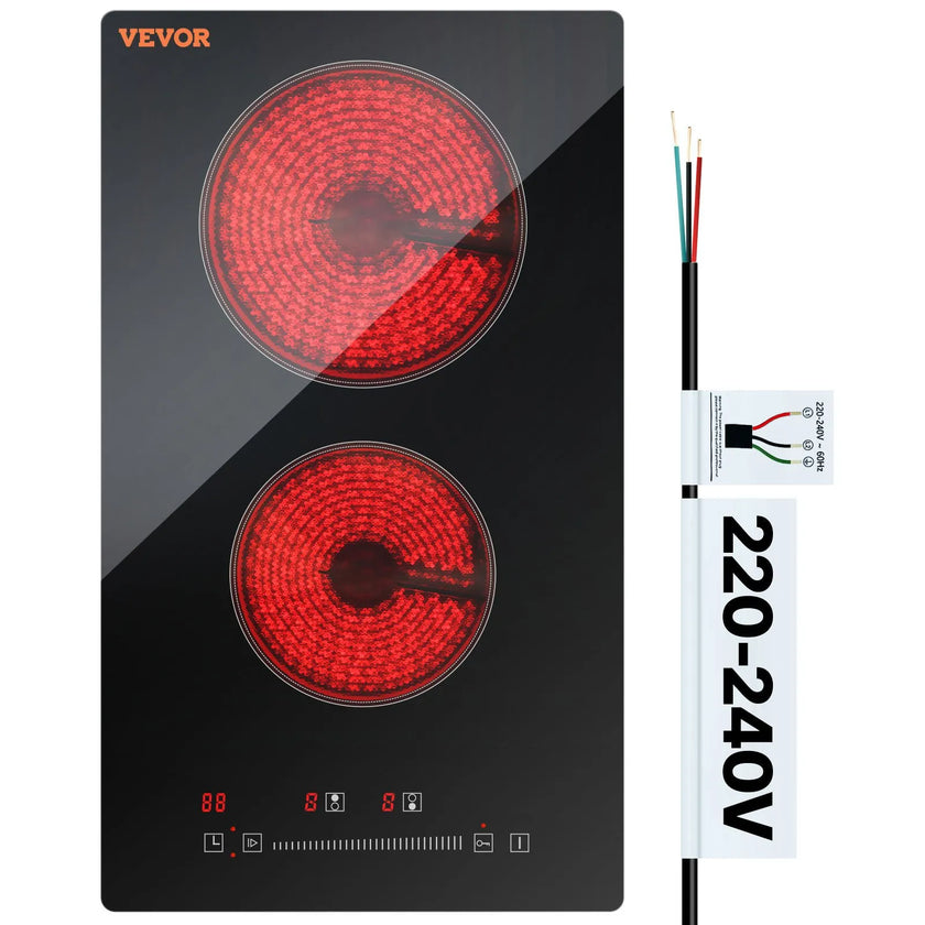 VEVOR Built in Electric Stove Top, 20 x 11.6 inch 2 Burners, 240V Glass Radiant Cooktop with Sensor Touch Control, Timer & Child Lock Included, 9 Power Levels for Simmer Steam Slow Cook Fry