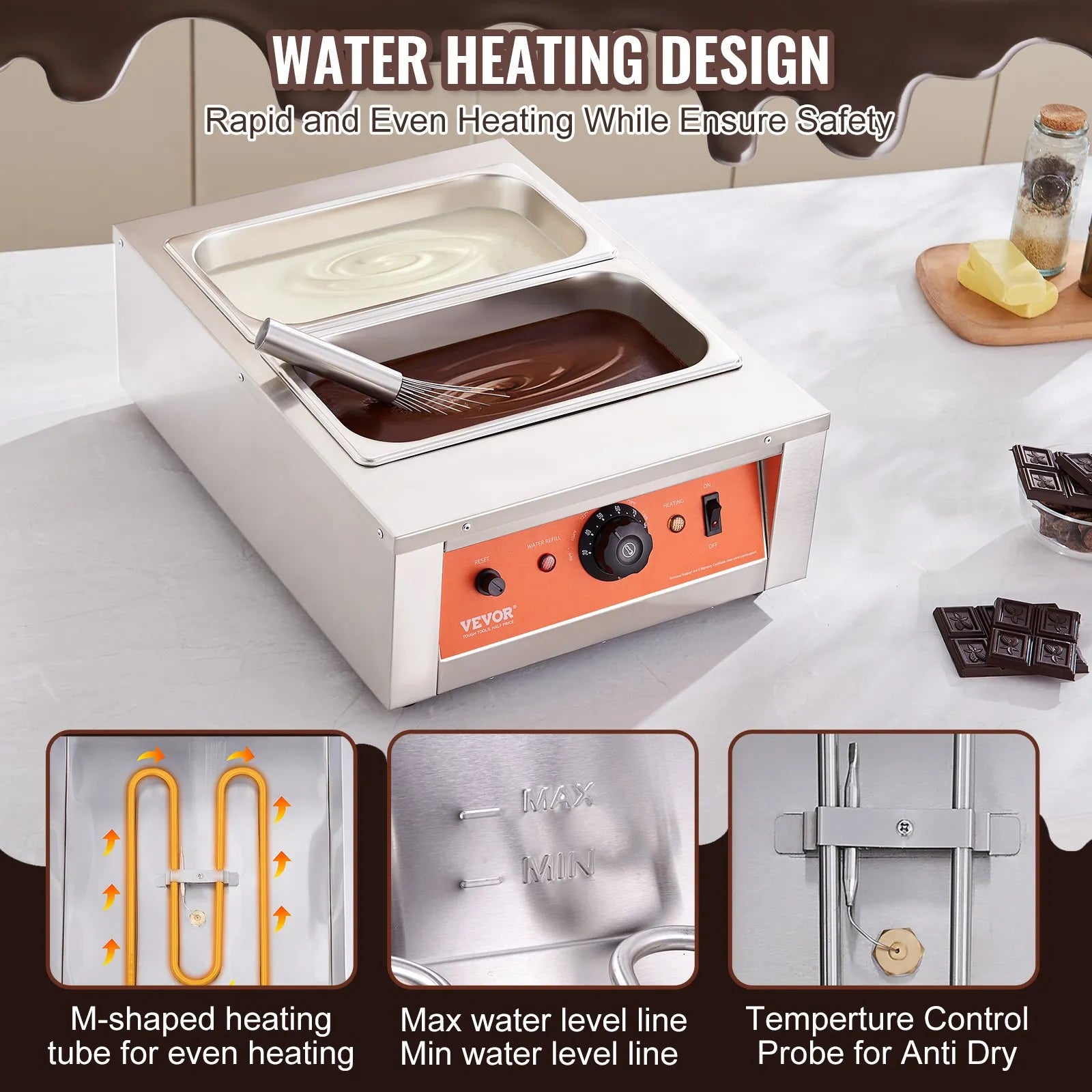 VEVOR Chocolate Tempering Machine, 17.6 Lbs 2 Tanks Chocolate Melting Pot TEMP Control 86~185℉, 1500W Stainless Steel Electric Commercial Food Warmer For Chocolate/Milk/Cream Melting and Heating