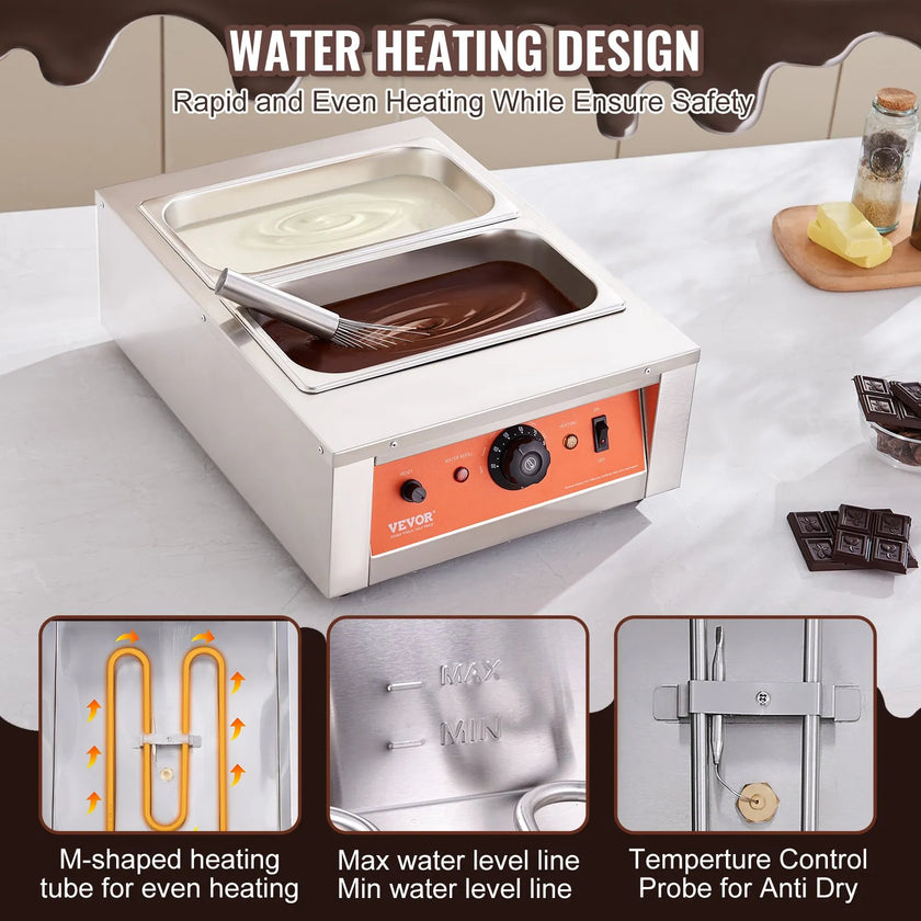 VEVOR Chocolate Tempering Machine, 17.6 Lbs 2 Tanks Chocolate Melting Pot TEMP Control 86~185℉, 1500W Stainless Steel Electric Commercial Food Warmer For Chocolate/Milk/Cream Melting and Heating