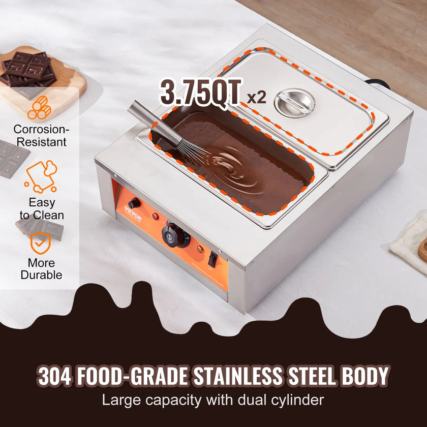 VEVOR Chocolate Tempering Machine, 17.6 Lbs 2 Tanks Chocolate Melting Pot TEMP Control 86~185℉, 1500W Stainless Steel Electric Commercial Food Warmer For Chocolate/Milk/Cream Melting and Heating