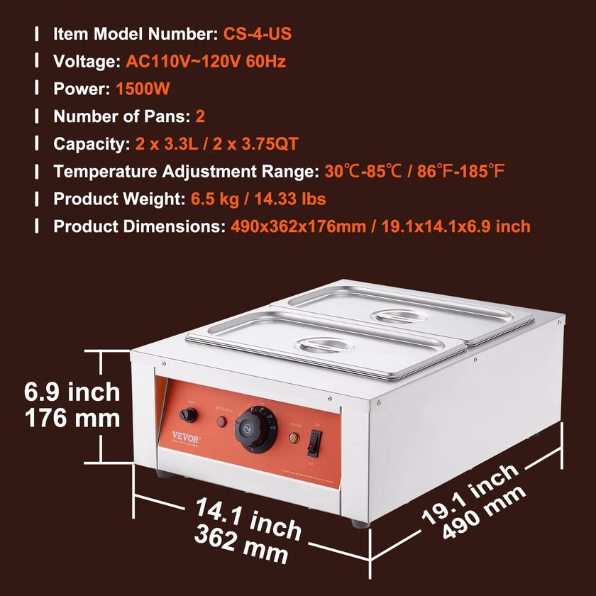 VEVOR Chocolate Tempering Machine, 17.6 Lbs 2 Tanks Chocolate Melting Pot TEMP Control 86~185℉, 1500W Stainless Steel Electric Commercial Food Warmer For Chocolate/Milk/Cream Melting and Heating