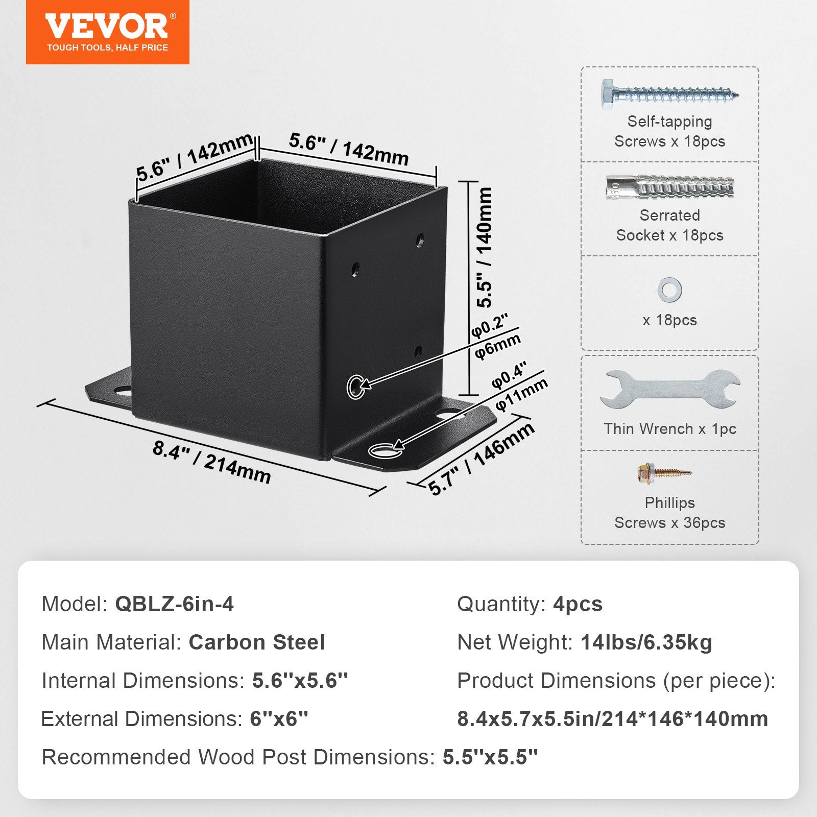 VEVOR 6x6 Post Base 4 Pcs, Inner Size 5.6