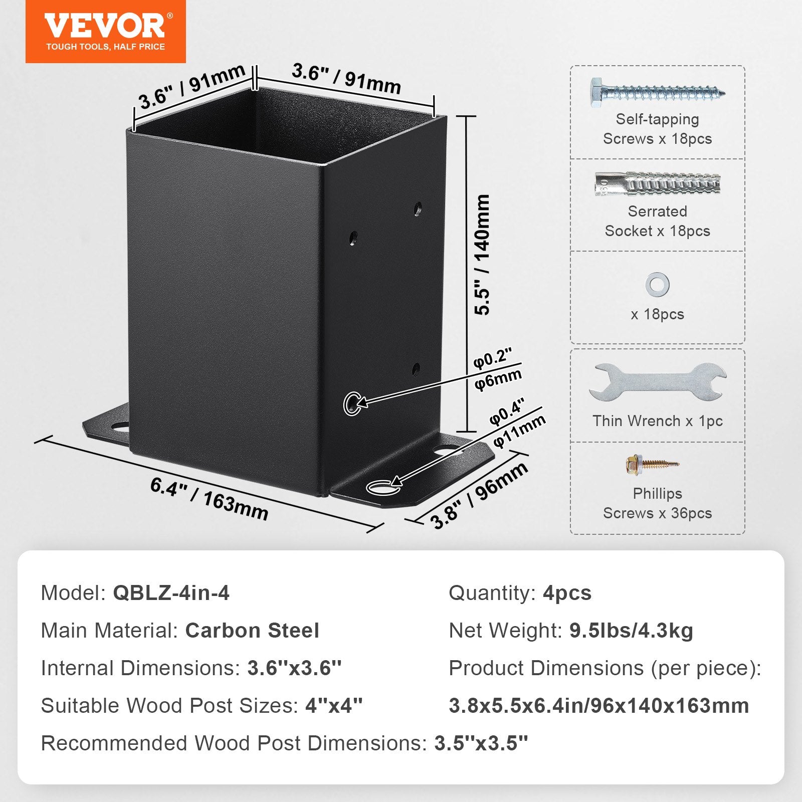 VEVOR 4x4 Post Base 4 Pcs, Inner Size 3.6