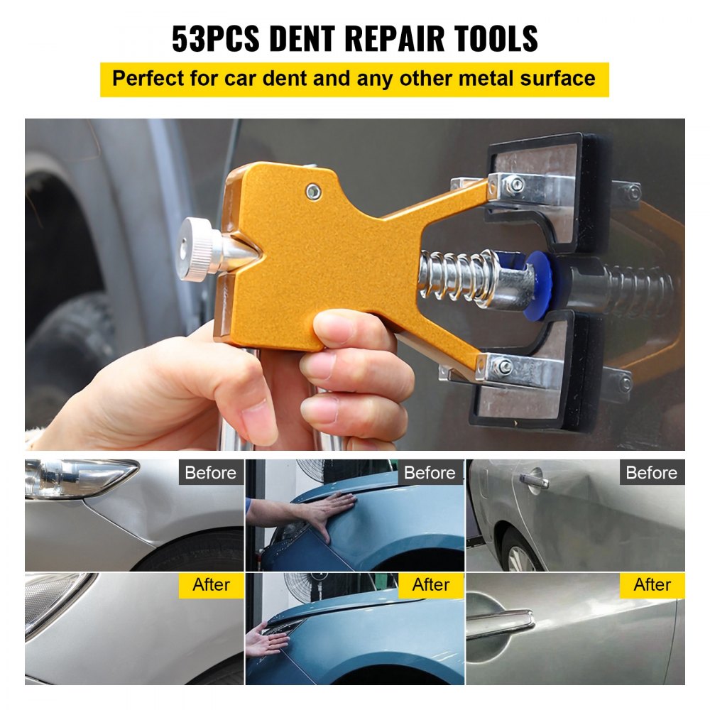 VEVOR Dent Puller Kit, 53 PCS Paintless Dent Repair Tool, Golden Lifter Puller Car Dent Repair Kit, Glue Puller Tabs Dent Puller Kit for Auto Dent Removal, Minor Dents, Door Dings and Hail Damage