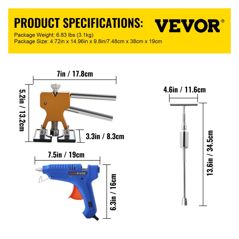 VEVOR Dent Puller Kit, 53 PCS Paintless Dent Repair Tool, Golden Lifter Puller Car Dent Repair Kit, Glue Puller Tabs Dent Puller Kit for Auto Dent Removal, Minor Dents, Door Dings and Hail Damage