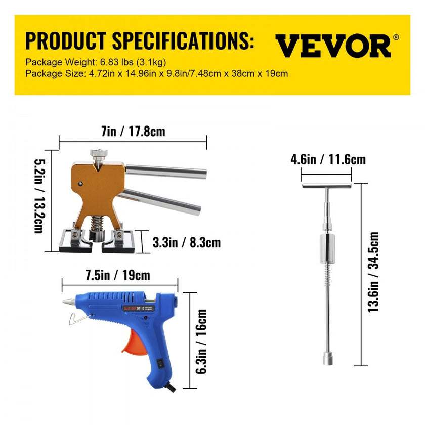 VEVOR Dent Puller Kit, 53 PCS Paintless Dent Repair Tool, Golden Lifter Puller Car Dent Repair Kit, Glue Puller Tabs Dent Puller Kit for Auto Dent Removal, Minor Dents, Door Dings and Hail Damage