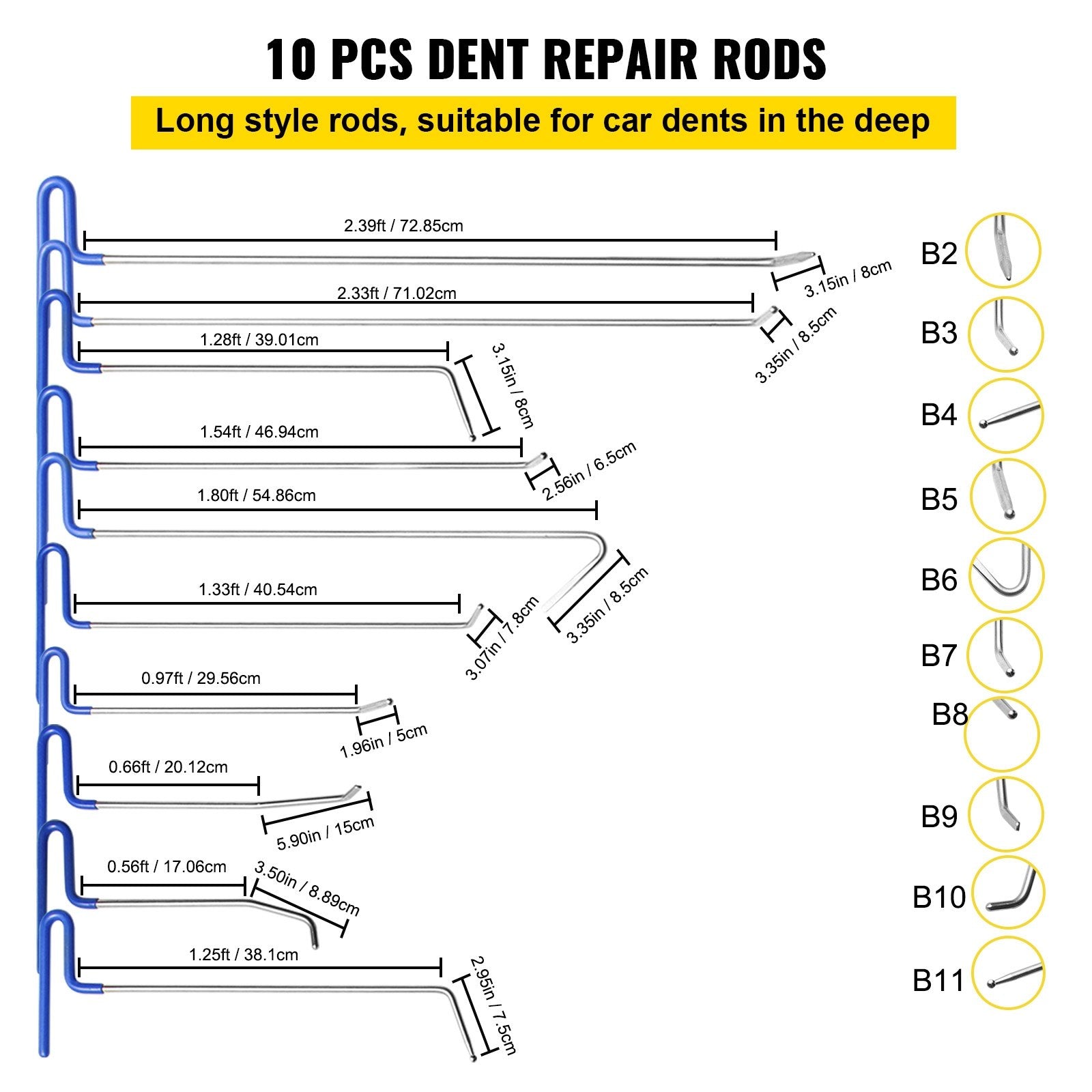 VEVOR Rods Dent Removal Kit, 20 Pcs Paintless Dent Repair Rods, Stainless Steel Dent Rods, Whale Tail Dent Repair Tools, Professional Hail Dent Removal Tool For Minor Dents, Door Dings And Hail Damage
