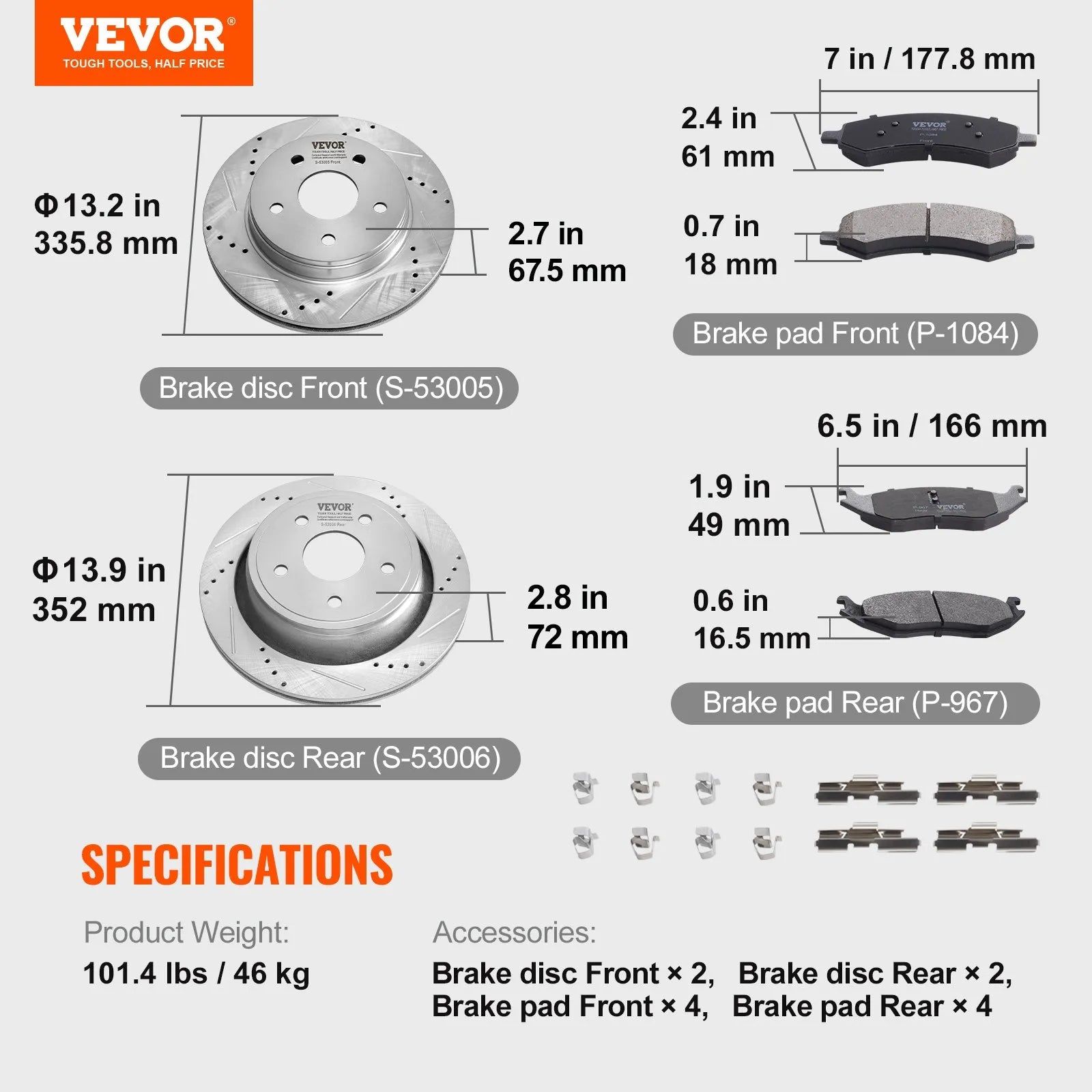 VEVOR Drilled Slotted Front and Rear Brake Rotors Pads Kit for Dodge Ram 1500