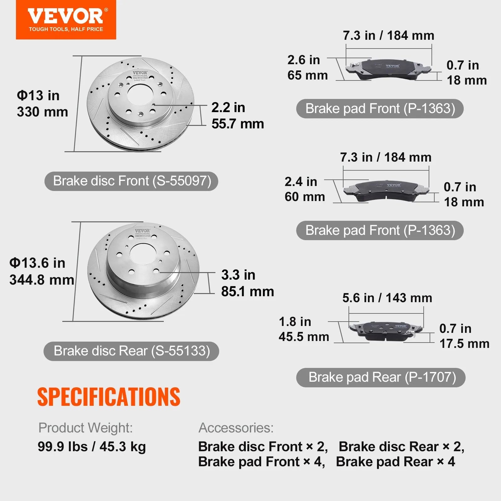 VEVOR Drilled Slotted Front Rear Brake Rotors Pads Kit for Chevy Silverado GMC