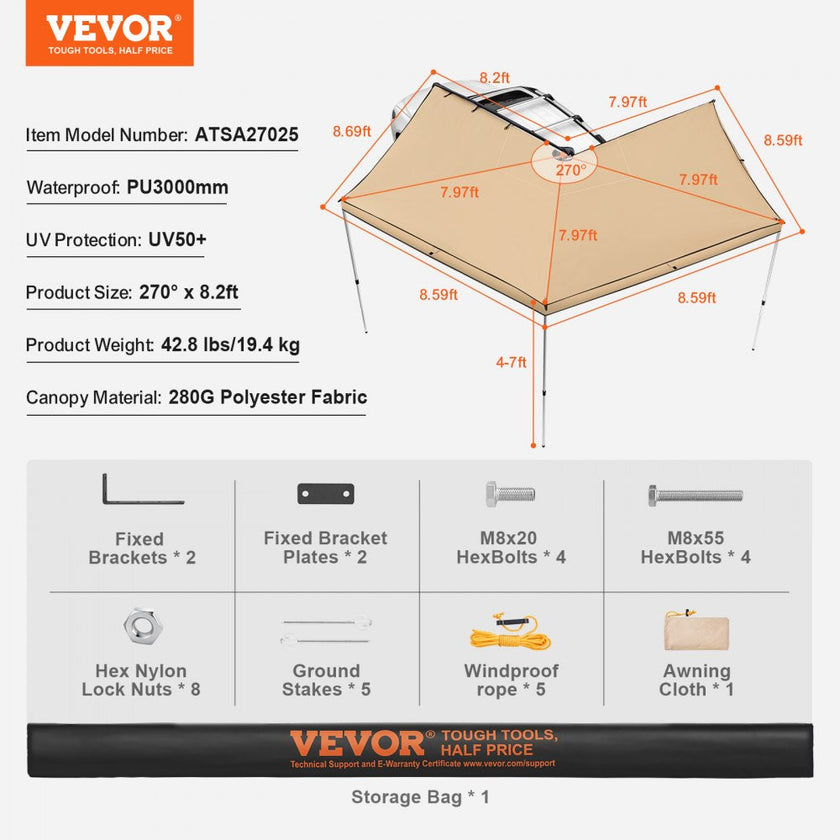 VEVOR Vehicle Awning 270 Degree, 8.2' Height Retractable Car Side Awning, PU3000mm UV50+ Car Awning with Waterproof Storage Bag, Suitable for Truck, SUV, Van, Campers