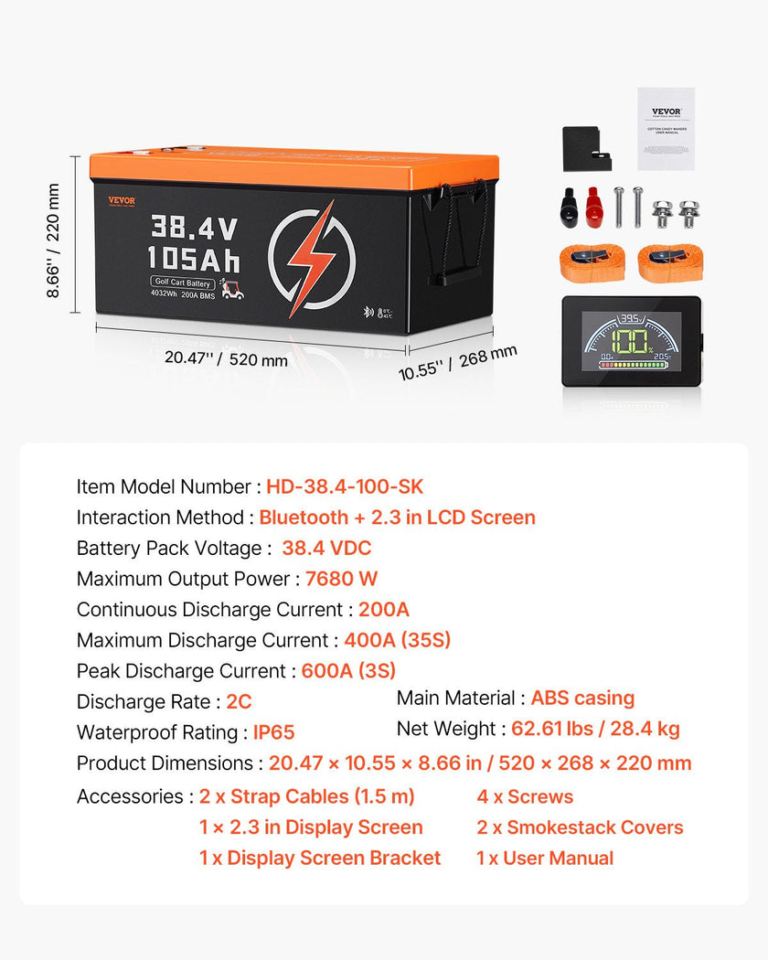 VEVOR 36V 105Ah Golf Cart Lithium Battery with LCD Monitor and 4000+ Cycles