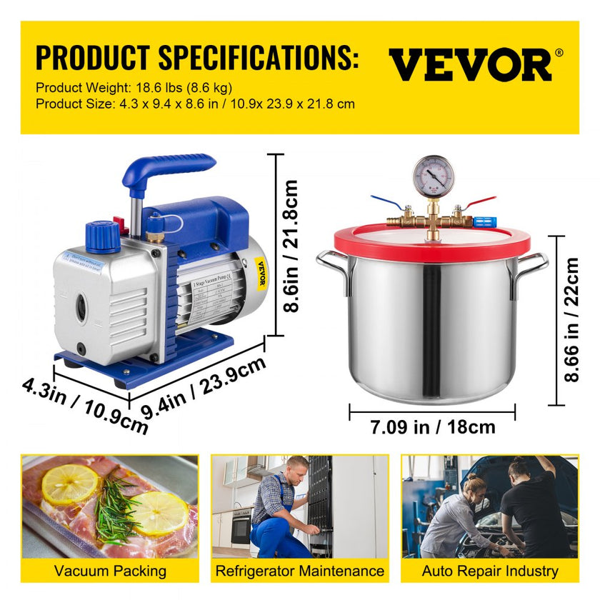 2.5cfm Vacuum Pump 1.5 Gallon Vacuum Chamber 0.5pa Tool Degassing Silicone