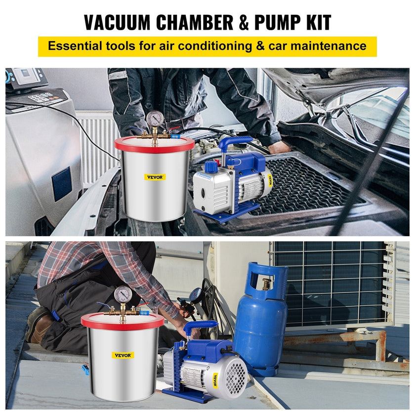 VEVOR 3 CFM Vacuum Pump 1/4 HP with 3 Gallon Stainless Steel Vacuum Degassing Chamber Kit Air Vacuum Pump HVAC Refrigeration Tool