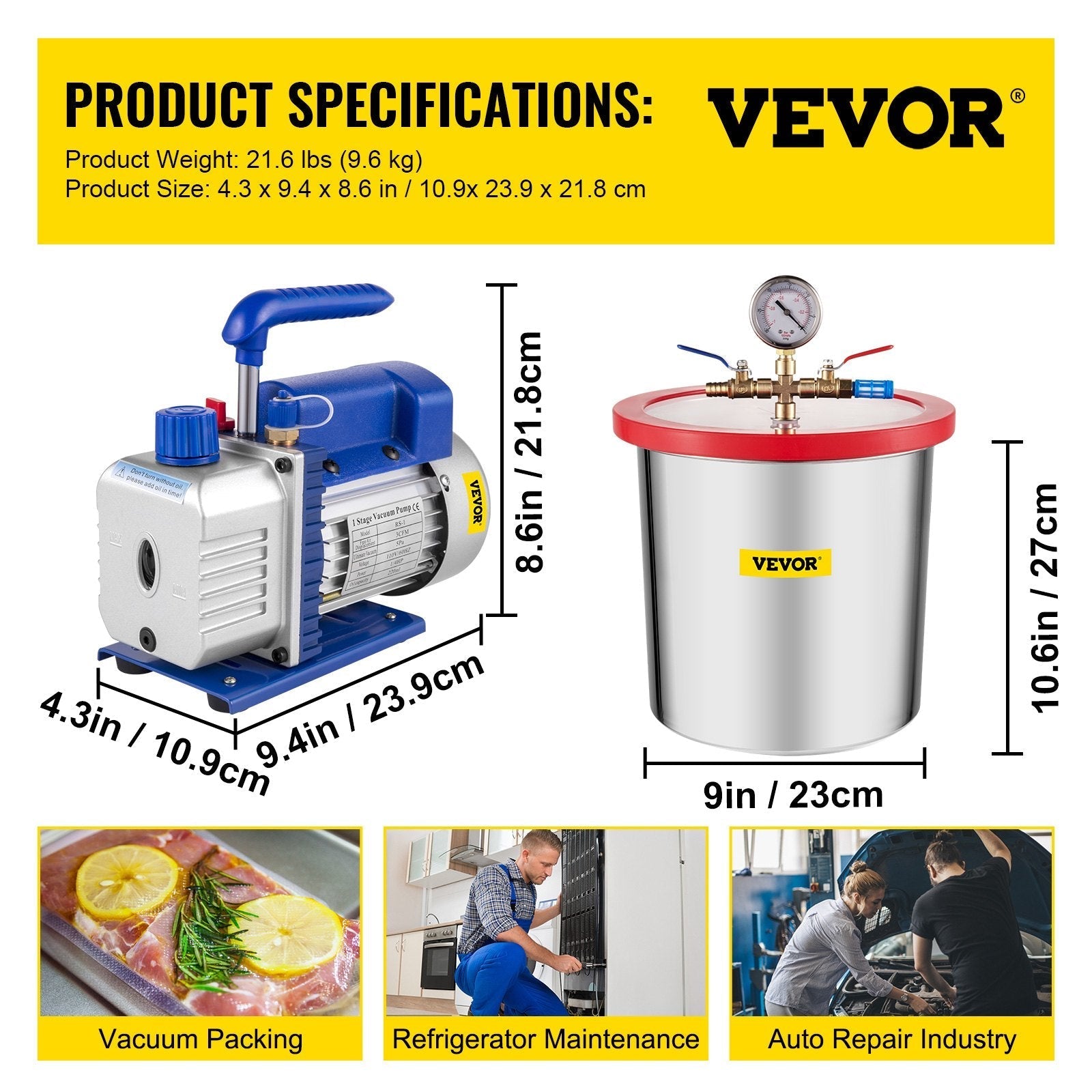 VEVOR 3 CFM Vacuum Pump 1/4 HP with 3 Gallon Stainless Steel Vacuum Degassing Chamber Kit Air Vacuum Pump HVAC Refrigeration Tool