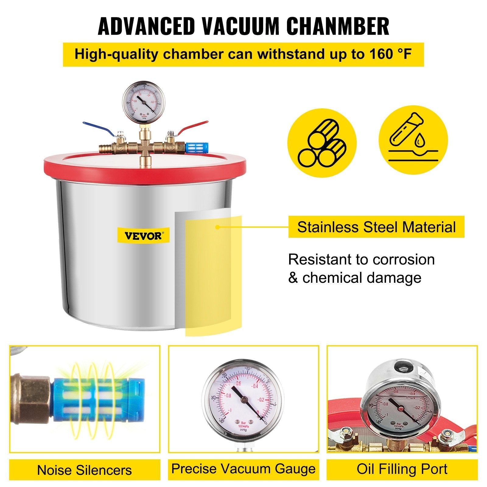 VEVOR Vacuum Pump 2 Gallon Vacuum Chamber Silicone Expoxy Degassing with 4CFM 1/3HP Single Stage Vacuum Pump
