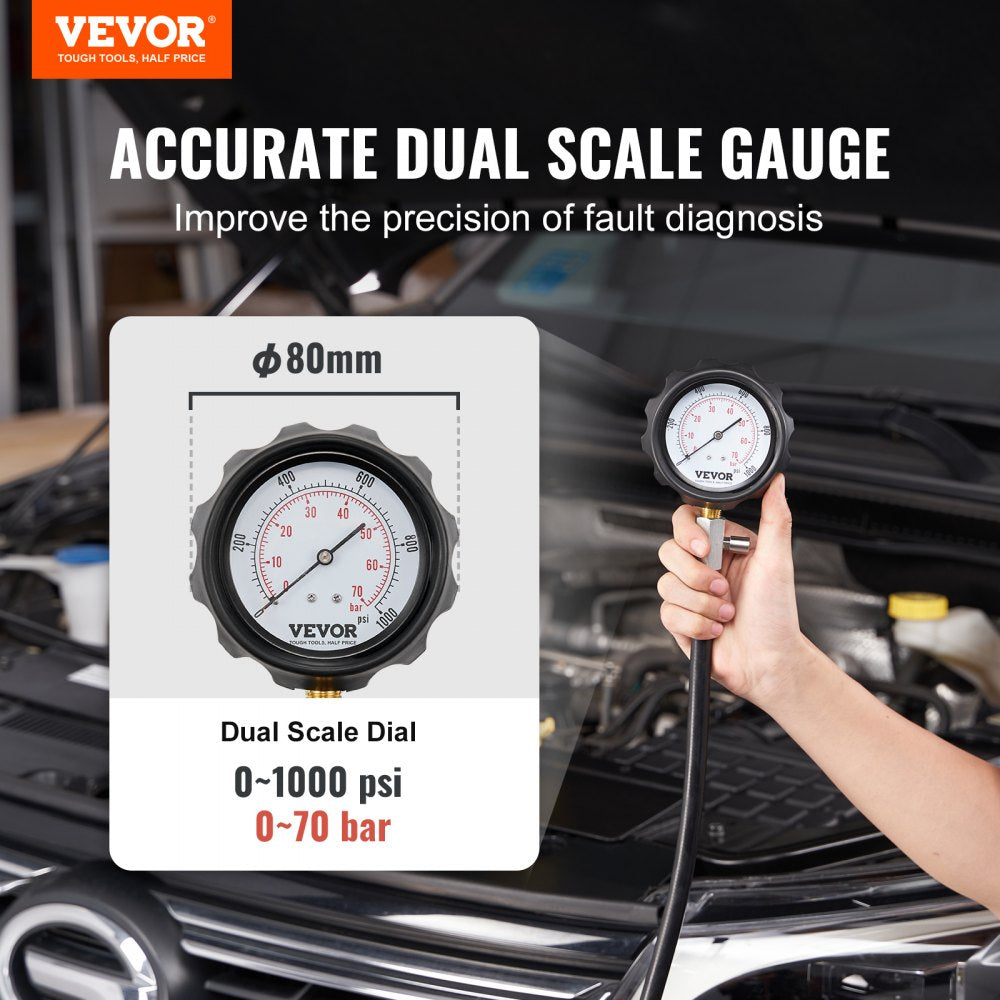 VEVOR Diesel Engine Compression Tester, 18 pcs Cylinder Pressure Test Tool Kit, with 0-1000 psi Gauge and Adapters, Diesel Injector Tester Check Cylinders in Diesel Trucks, Tractors, Equipment
