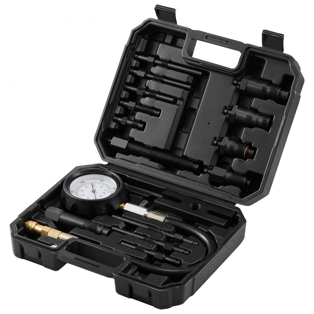 VEVOR Diesel Engine Compression Tester, 18 pcs Cylinder Pressure Test Tool Kit, with 0-1000 psi Gauge and Adapters, Diesel Injector Tester Check Cylinders in Diesel Trucks, Tractors, Equipment