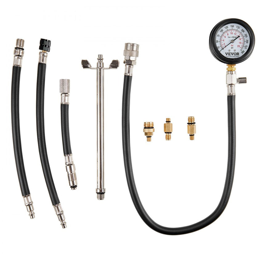 VEVOR Compression Tester Adapter Kit, 9 Pcs Automotive Engine Cylinder Leak Down Compression Test, Accurate Dual Scale Pressure Gauge 0-300 psi, with Long Reach Hoses and Case for Engine Cylinders