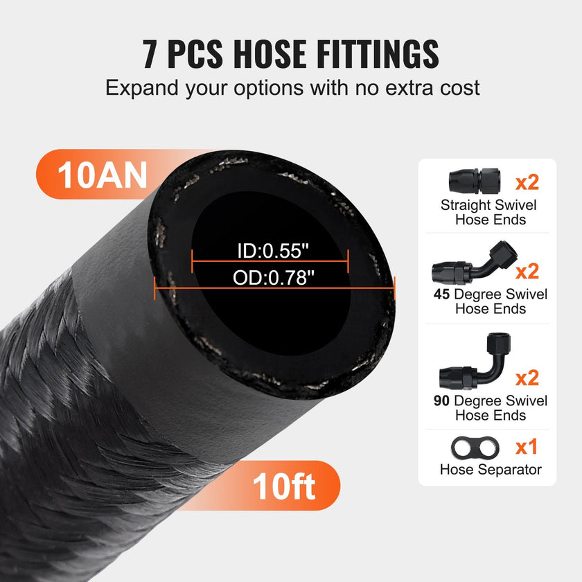 VEVOR 10AN Fuel Line Kit, 10 FT Fuel Hose Kit, 0.55