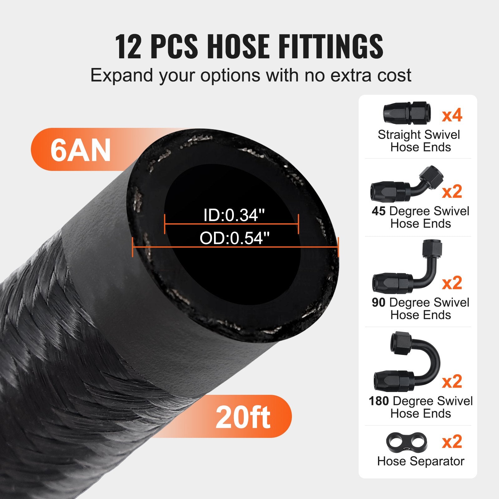 VEVOR 6AN Fuel Line Kit, 20 FT Fuel Hose Kit, 0.34
