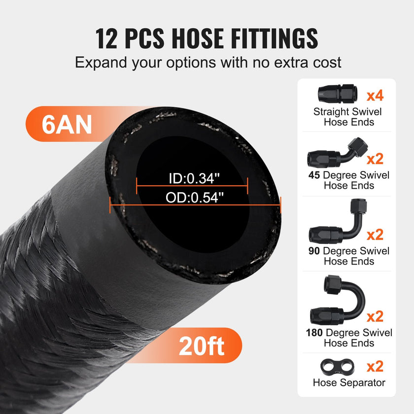 VEVOR 6AN Fuel Line Kit, 20 FT Fuel Hose Kit, 0.34