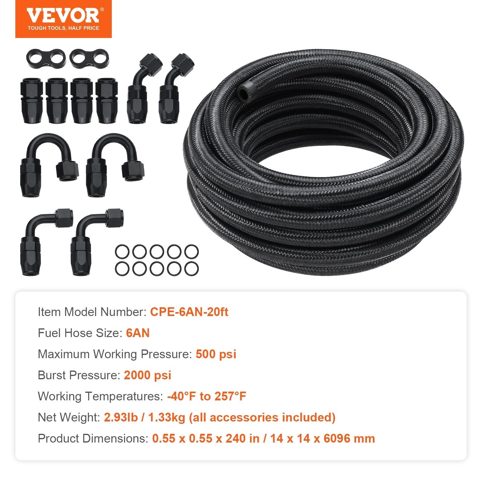 VEVOR 6AN Fuel Line Kit, 20 FT Fuel Hose Kit, 0.34