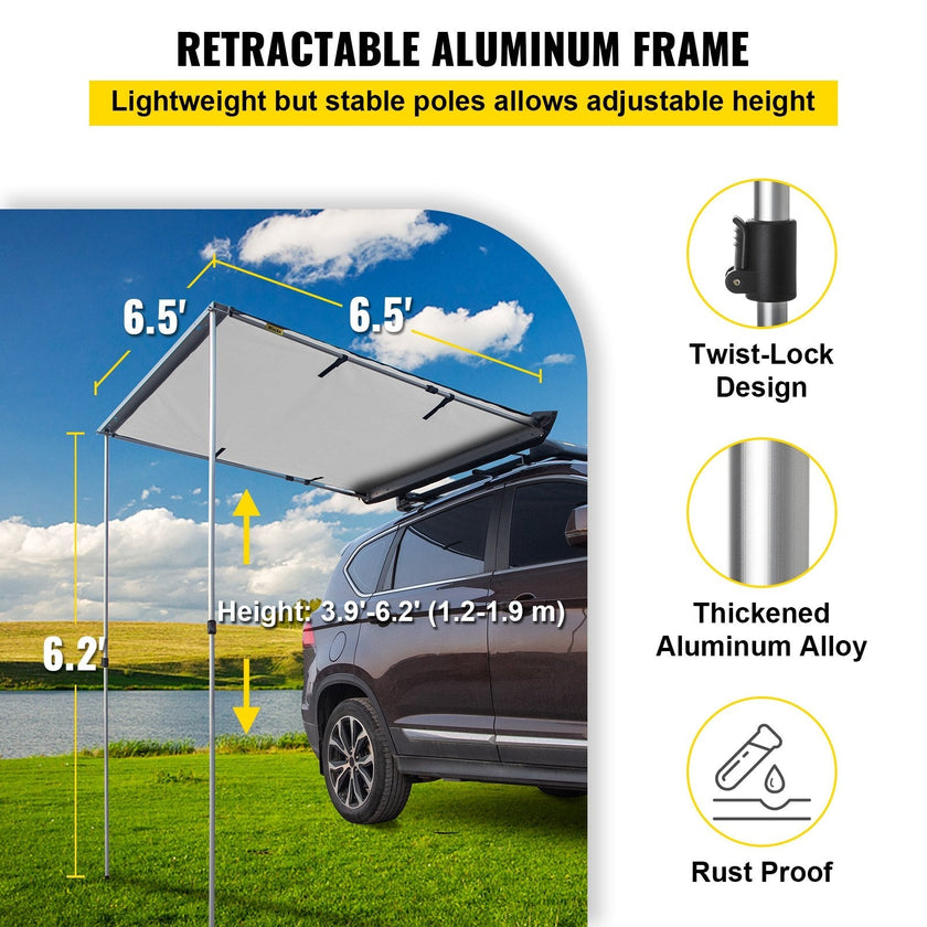 VEVOR Car Awning, 6.5'x6.5' Vehicle Awning, Pull-Out Retractable Awning Rooftop, Waterproof UV50+ Car Side Awning, Telescoping Poles Trailer Tent Shade w/Carry Bag for SUV Outdoor Camping Travel, Grey