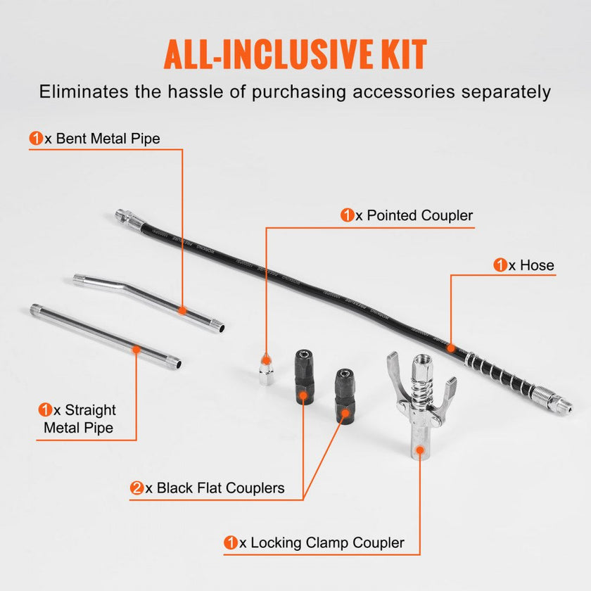 VEVOR Air Operated Grease Gun, 6000PSI, 14 OZ/400 CC Capacity Heavy Duty Pneumatic Grease Gun, with 18.5 Inch Flexible Hose, 1 Black Flat Coupler Pointed Coupler Bent Metal Pipe Locking Clamp Coupler
