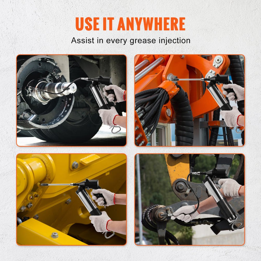VEVOR Air Operated Grease Gun, 6000PSI, 14 OZ/400 CC Capacity Heavy Duty Pneumatic Grease Gun, with 18.5 Inch Flexible Hose, 1 Black Flat Coupler Pointed Coupler Bent Metal Pipe Locking Clamp Coupler