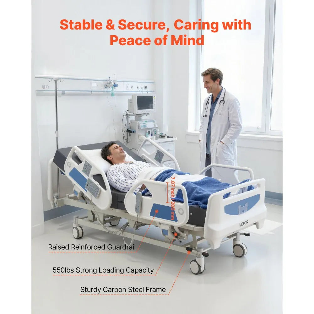 Premium 5-Function Full Electric Hospital Bed with Cardiac Chair, CPR, Trendelenburg Positioning & High-Density Mattress, 550 lb Capacity