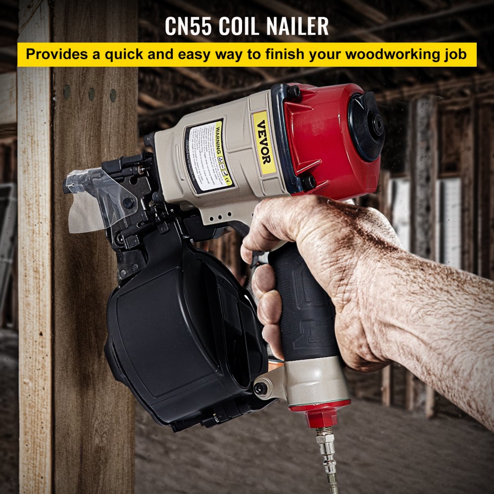 VEVOR Roofing Nail Gun CN55, Professional Coil Nailer from 1-Inch up to 2-1/4-Inch, Siding Nailer with Adjustable PC Magazine Coil Siding Nailer 15 Degree for Driving Roofing Nails Fast and Hard