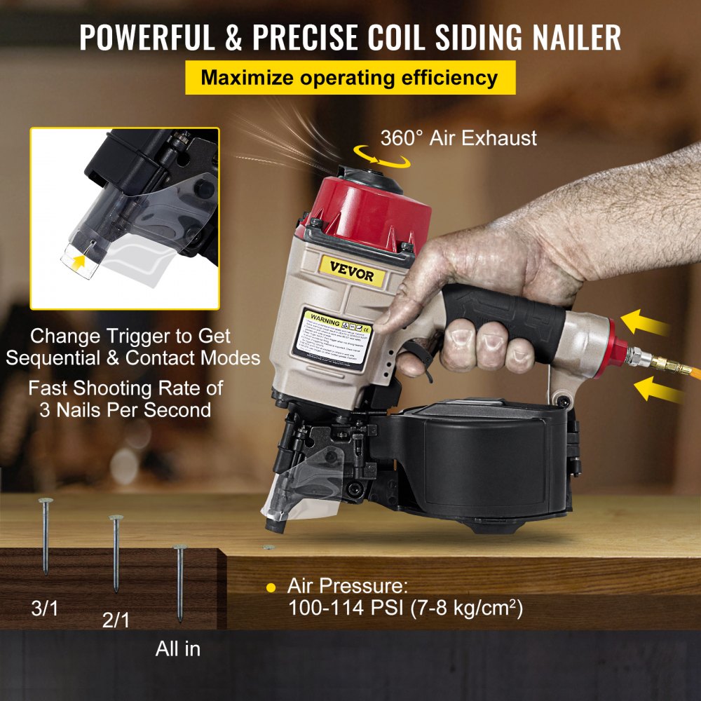 VEVOR Roofing Nail Gun CN55, Professional Coil Nailer from 1-Inch up to 2-1/4-Inch, Siding Nailer with Adjustable PC Magazine Coil Siding Nailer 15 Degree for Driving Roofing Nails Fast and Hard