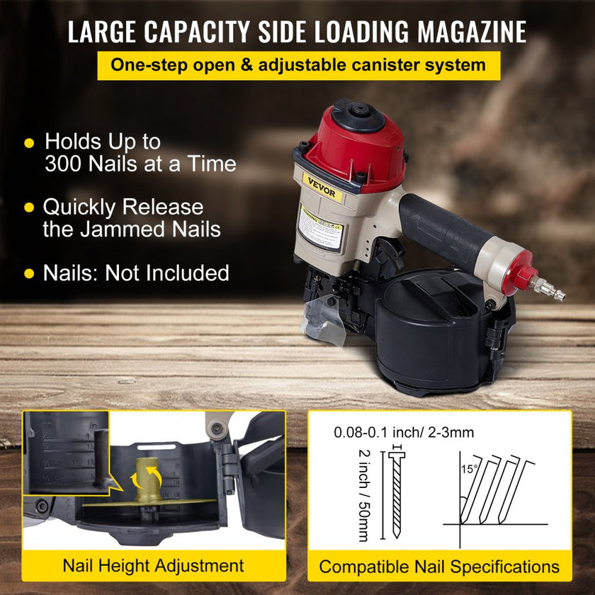 VEVOR Roofing Nail Gun CN55, Professional Coil Nailer from 1-Inch up to 2-1/4-Inch, Siding Nailer with Adjustable PC Magazine Coil Siding Nailer 15 Degree for Driving Roofing Nails Fast and Hard