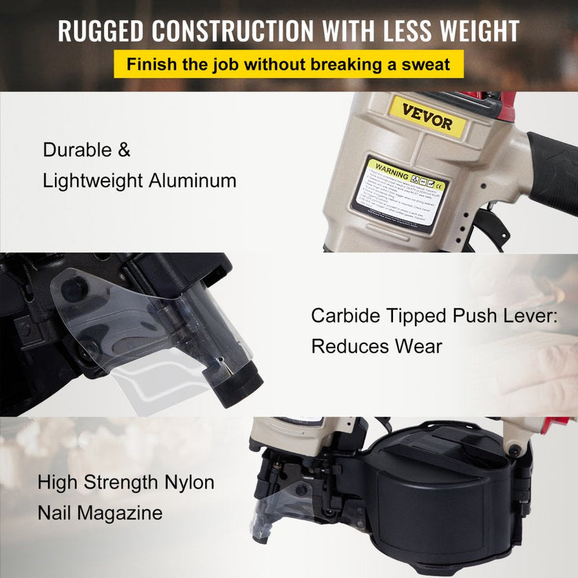 VEVOR Roofing Nail Gun CN55, Professional Coil Nailer from 1-Inch up to 2-1/4-Inch, Siding Nailer with Adjustable PC Magazine Coil Siding Nailer 15 Degree for Driving Roofing Nails Fast and Hard