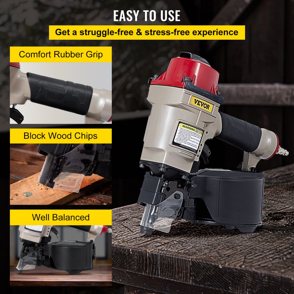 VEVOR Roofing Nail Gun CN55, Professional Coil Nailer from 1-Inch up to 2-1/4-Inch, Siding Nailer with Adjustable PC Magazine Coil Siding Nailer 15 Degree for Driving Roofing Nails Fast and Hard