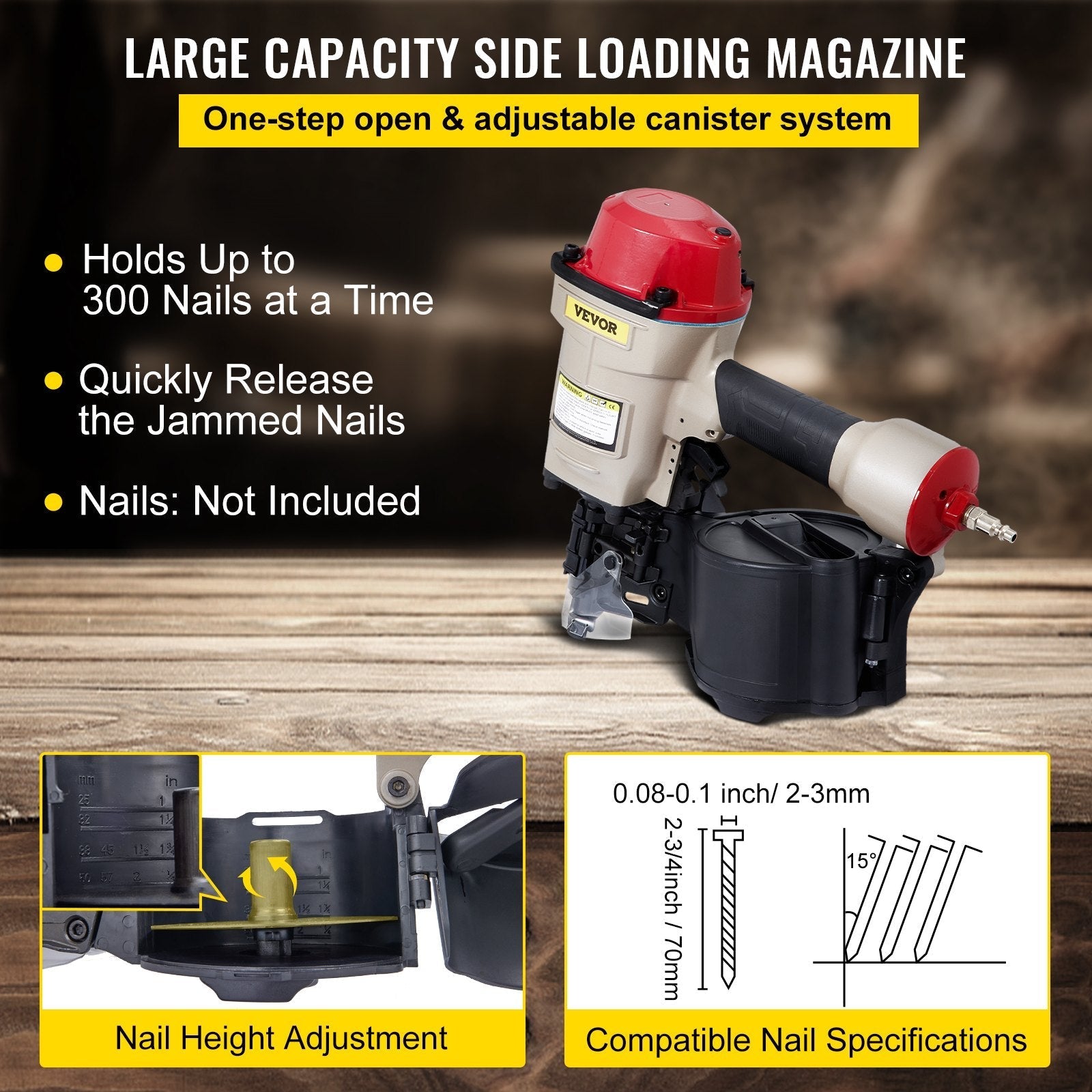 VEVOR Roofing Nail Gun CN70, Professional Coil Nailer from 1-3/4-Inch up to 2-3/4-Inch, Siding Nailer with Adjustable PC Magazine Coil Siding Nailer 15 Degree for Driving Roofing Nails Fast and Hard
