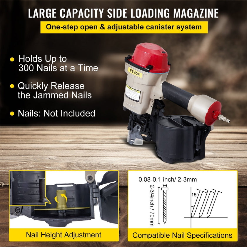 VEVOR Roofing Nail Gun CN70, Professional Coil Nailer from 1-3/4-Inch up to 2-3/4-Inch, Siding Nailer with Adjustable PC Magazine Coil Siding Nailer 15 Degree for Driving Roofing Nails Fast and Hard
