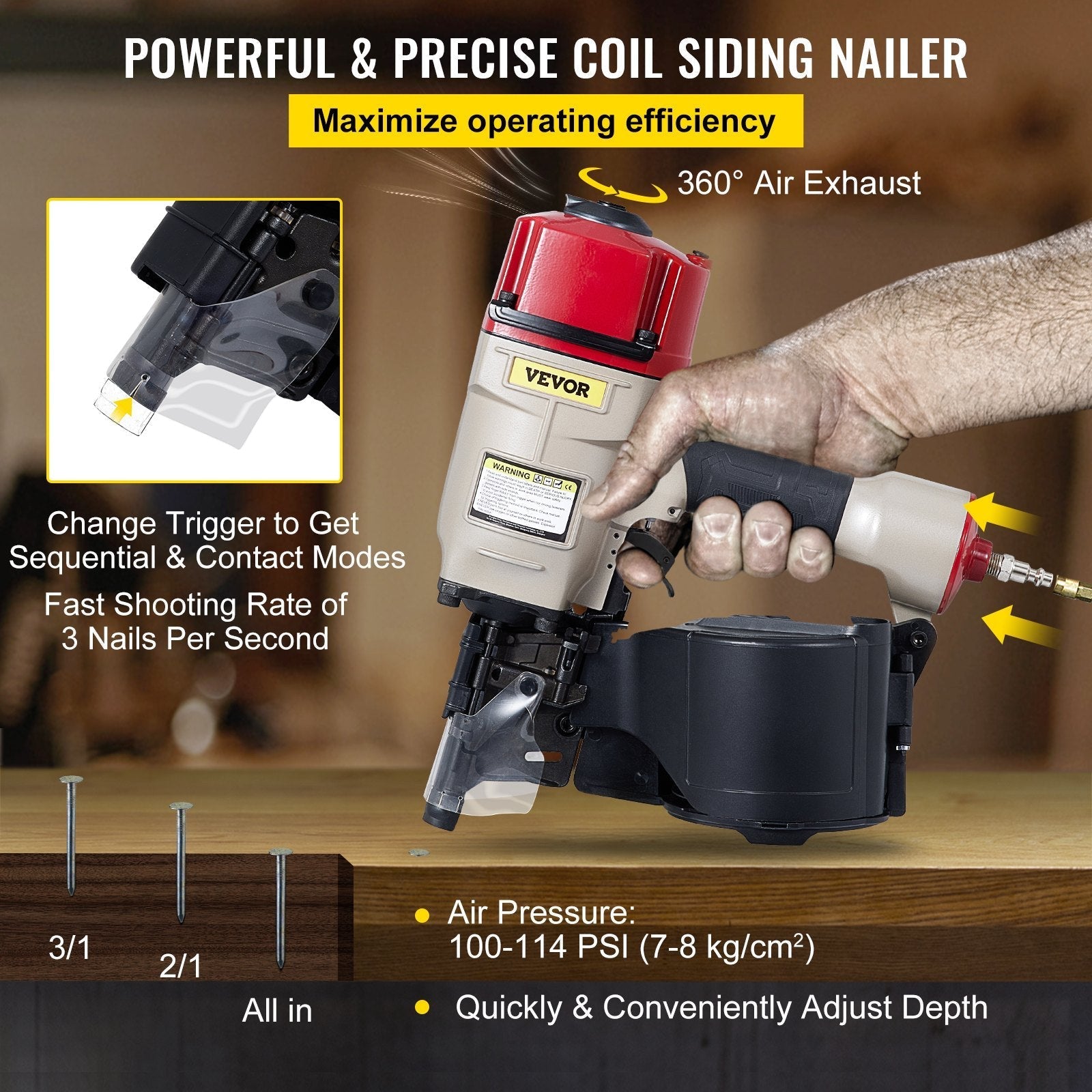 VEVOR Roofing Nail Gun CN80, Professional Coil Nailer from 2-Inch up to 3-1/4-Inch, Siding Nailer with Adjustable PC Magazine Coil Siding Nailer 15 Degree for Driving Roofing Nails Fast and Hard