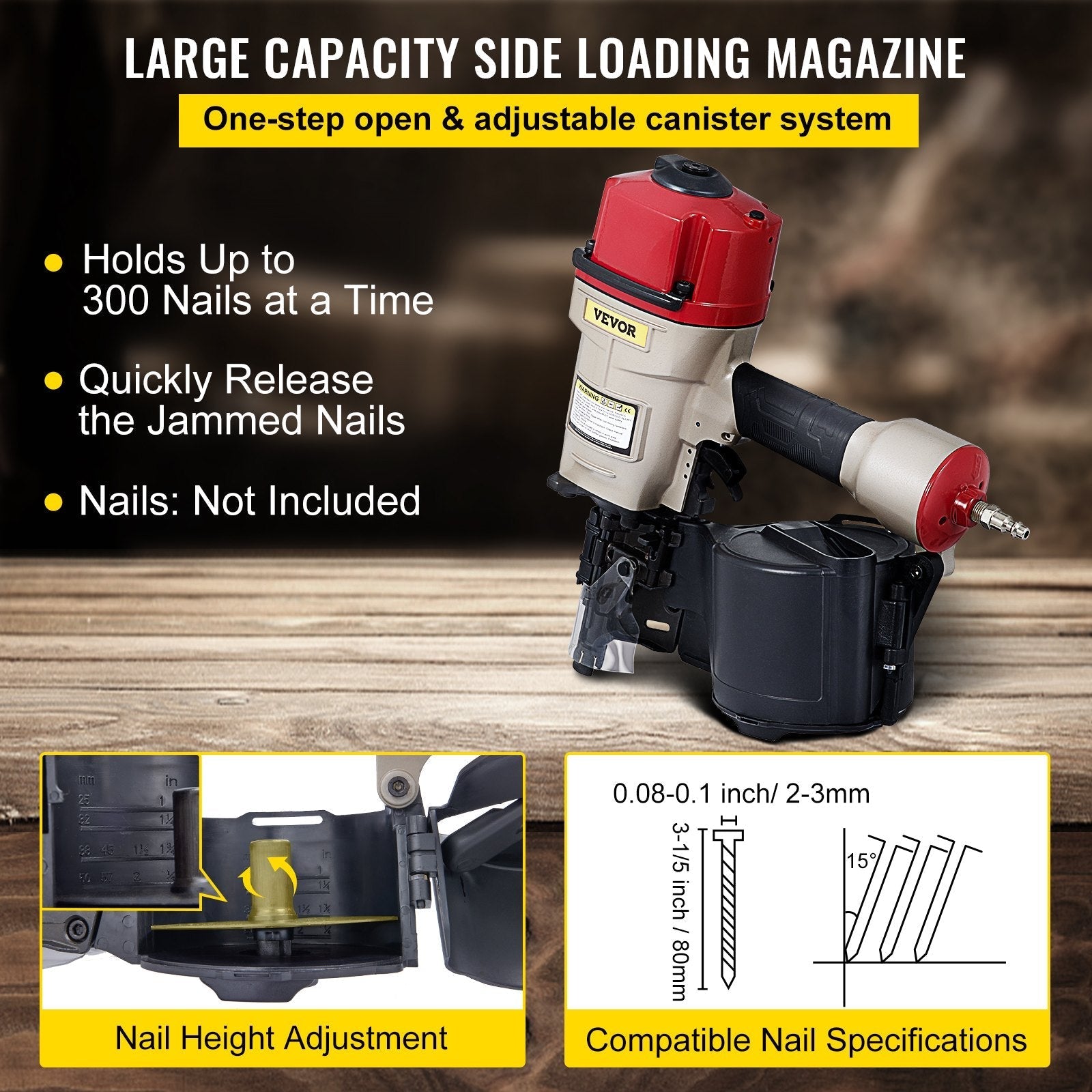 VEVOR Roofing Nail Gun CN80, Professional Coil Nailer from 2-Inch up to 3-1/4-Inch, Siding Nailer with Adjustable PC Magazine Coil Siding Nailer 15 Degree for Driving Roofing Nails Fast and Hard