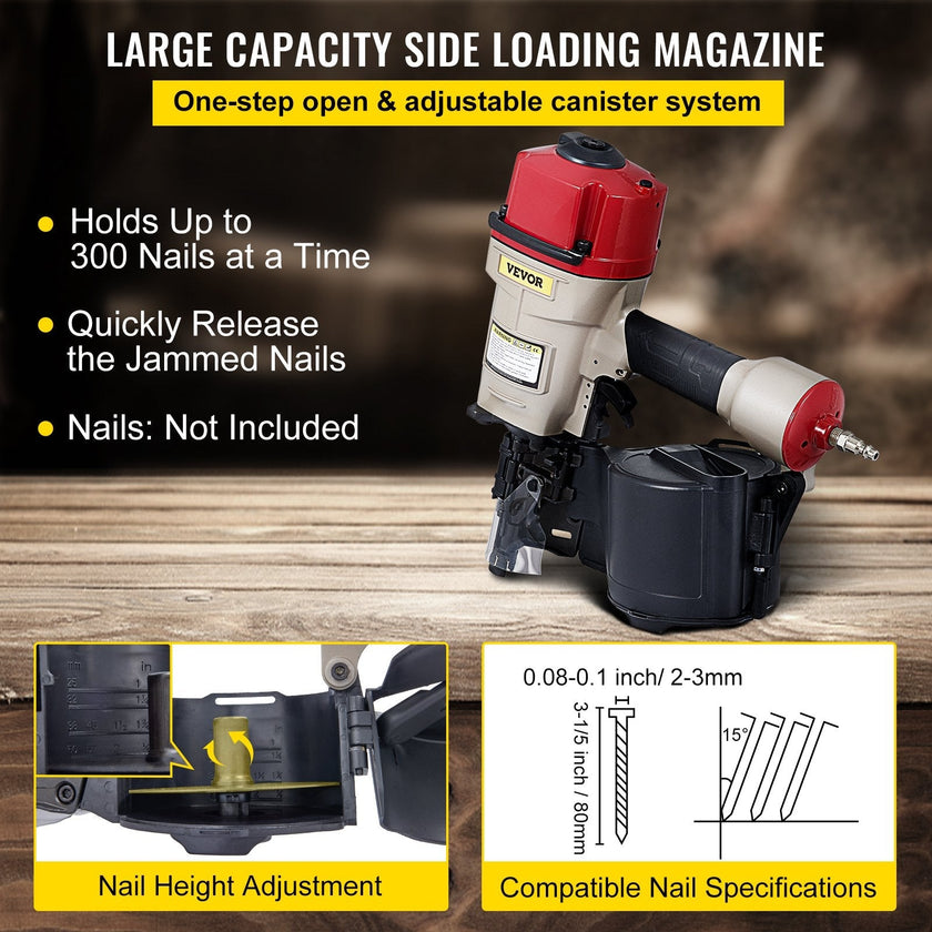 VEVOR Roofing Nail Gun CN80, Professional Coil Nailer from 2-Inch up to 3-1/4-Inch, Siding Nailer with Adjustable PC Magazine Coil Siding Nailer 15 Degree for Driving Roofing Nails Fast and Hard