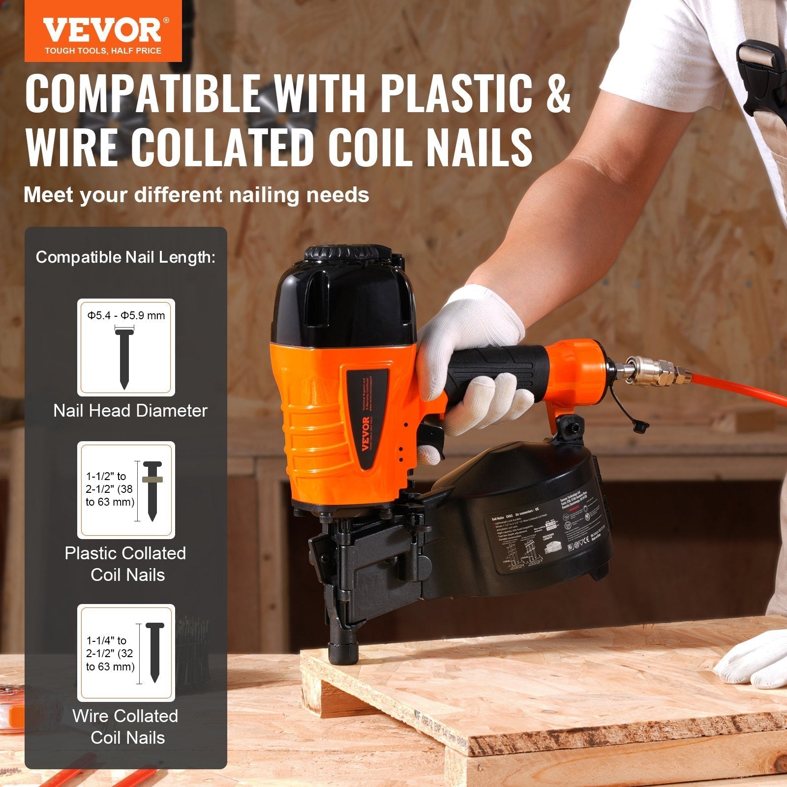 VEVOR CN65 Coil Siding Nailer 1-1/4