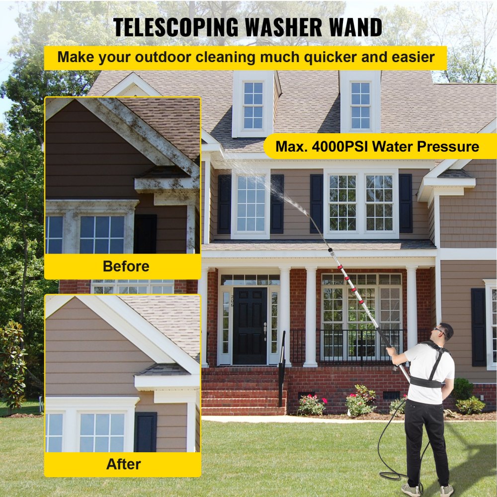 VEVOR Telescoping Pressure Washer Wand, 20 ft 5-Section Length Adjustable, Max. 4000 PSI Pressure, Fit for 3/8'' Quick Connection w/ Extension Wand, 5 Spray Nozzles, Belt, for Roof, Fence, Gutter